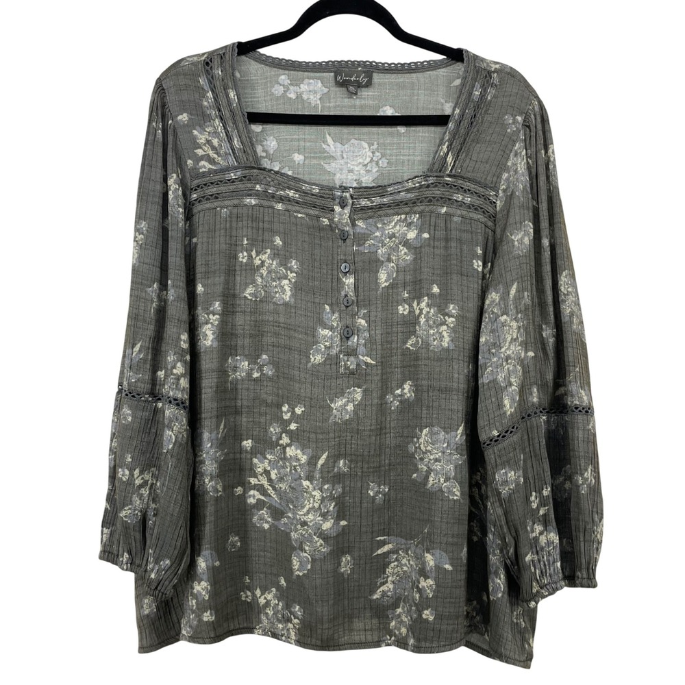 Wonderly Size XL Blouse Gray Floral Lace Trim Square Neck Long Sleeve Women
